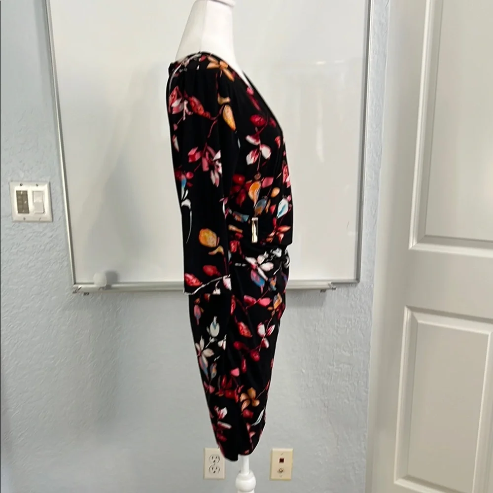 Jennifer Lopez Floral V-Neck Faux Wrap Dress - Black Multicolor